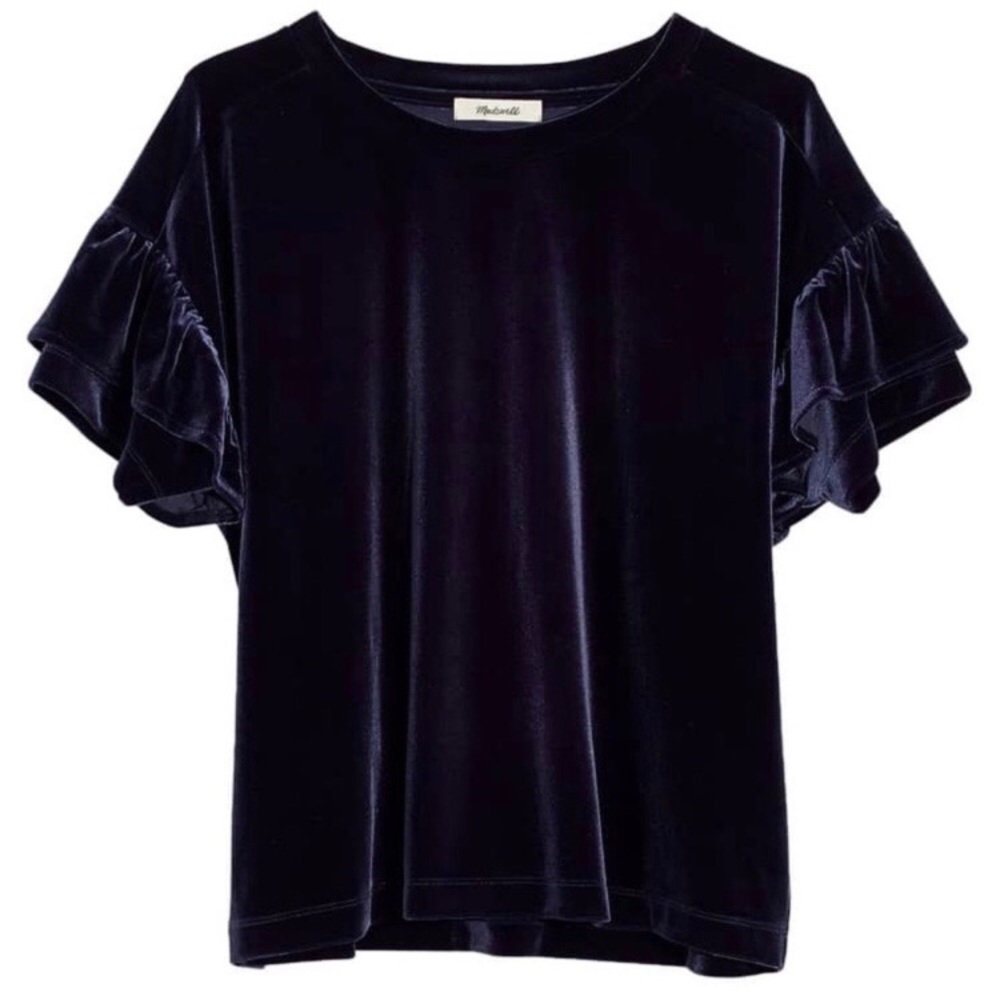 Madewell Velvet Ruffle Sleeve Top in Deep Navy